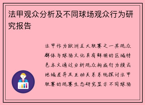法甲观众分析及不同球场观众行为研究报告