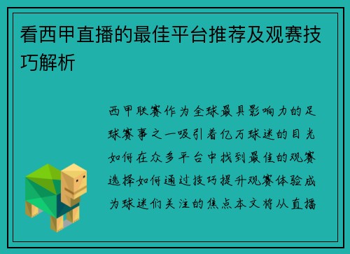 看西甲直播的最佳平台推荐及观赛技巧解析